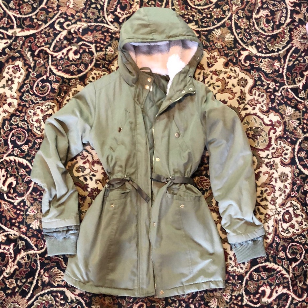 Copper Key Green Hooded Parka Jacket cinch ribbon waist kids 14-16